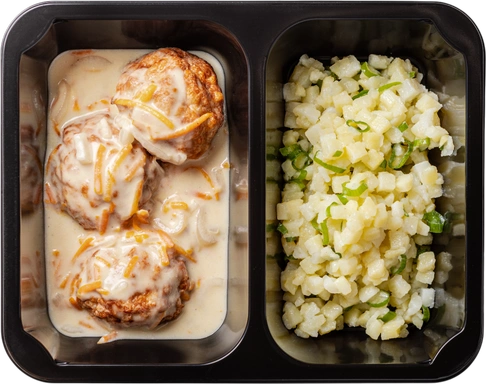 Kuřecí kuličky se smetanovou omáčkou a šťouchané brambory