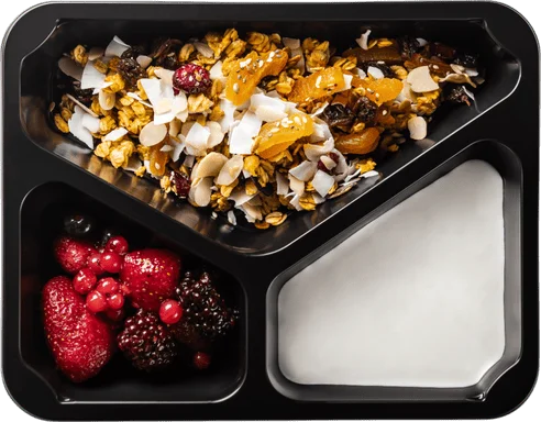 Granola se sušeným ovocem, jogurtem a lesními plody