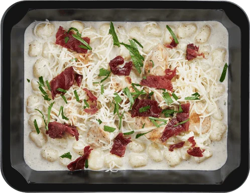 Chicche s lanýžovou omáčkou, kuřecím masem a sýrem pecorino